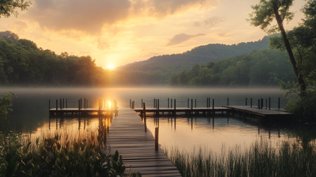 Wooden pier on the lake at sunrise in the misty morning.の写真素材