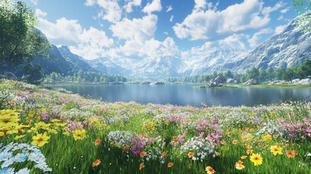 Panoramic view of alpine lake with flowers and mountains in backgroundの写真素材