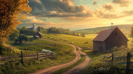 Beautiful rural landscape with meadow and cows in the morning lightの写真素材