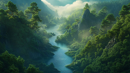 Foggy morning in the forest. Mountain landscape with a riverの写真素材