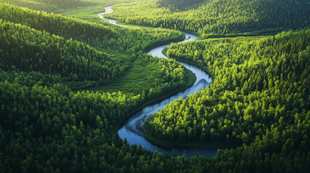 Aerial view of the river flowing through the green forest. Beautiful summer landscape.の写真素材