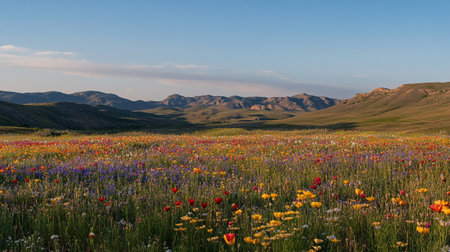 Wildflowers in the meadow at sunset, California, USAの写真素材