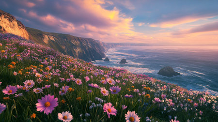 Beautiful spring landscape with blooming flowers on the coast of Atlantic ocean.の素材