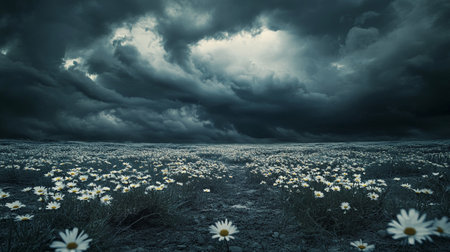 Dramatic stormy sky over a field of daisiesの写真素材