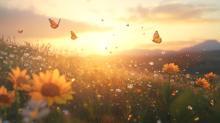 Sunset in the meadow with daisies and butterflies.の写真素材