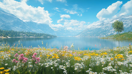 panoramic view of alpine lake with flowers and blue skyの写真素材