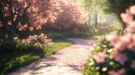 Beautiful spring blooming garden with pink flowers on a sunny dayの写真素材