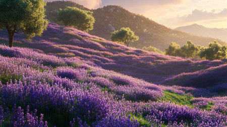 Lavender field at sunset in Provence, France.の写真素材