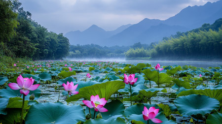 Beautiful pink lotus flower blooming in the lake with mountain backgroundの写真素材