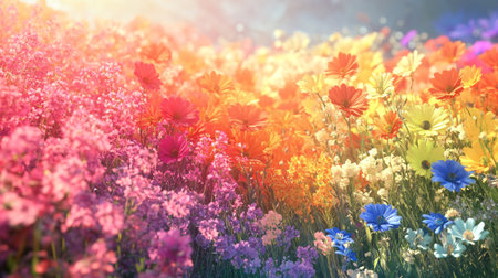 Colorful meadow with wildflowers in the morning light.の写真素材