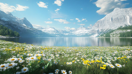 Panoramic view of alpine lake with flowers and mountains in backgroundの素材