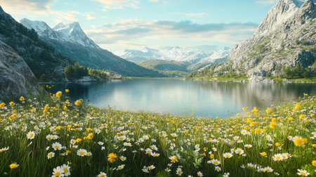 Panoramic view of alpine lake with flowers and mountains in backgroundの写真素材