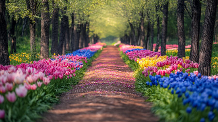 Colorful tulip field in the garden. Beautiful spring landscape.の写真素材
