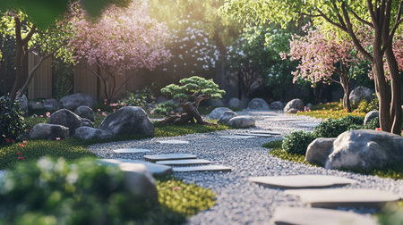 Japanese garden with stone pathway and blooming trees in the morning.の写真素材