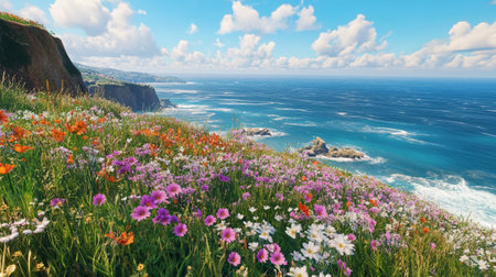 Wildflowers blooming on the coast of Atlantic ocean, Portugalの写真素材