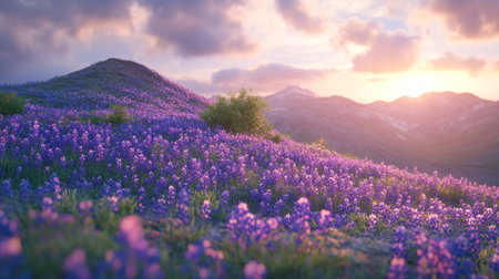 Lavender flowers in the mountains at sunset. Beautiful landscape.の写真素材