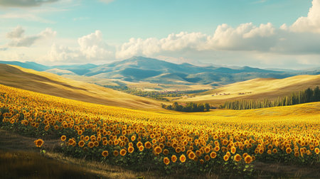 Sunflower field in Tuscany, Italy. Beautiful summer landscapeの写真素材