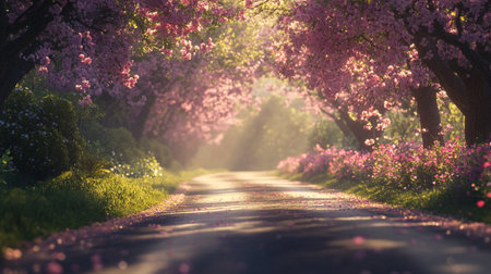 Cherry blossoms in full bloom on a country road in springの素材
