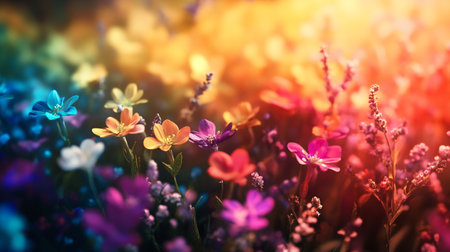 Beautiful spring flowers in the meadow at sunset. Natural backgroundの写真素材