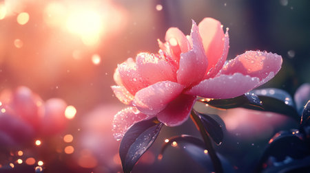 Beautiful pink peony flower with dew drops on bokeh backgroundの写真素材