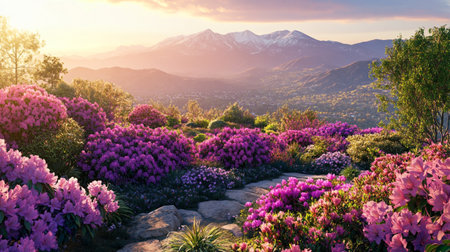 Sunset over Rhododendron garden in the city of Sochi, Russiaの写真素材