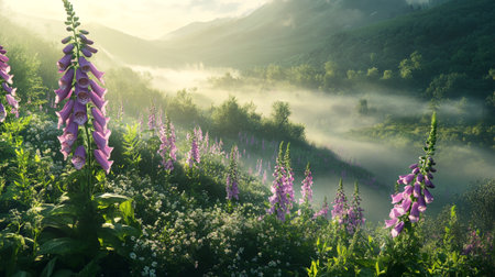 Beautiful summer landscape with blooming foxglove flowers in the morning mistの写真素材
