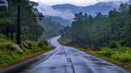 Road in the forest with fog in the morning, Pang Ung, Mae Hong Son, Thailandの写真素材