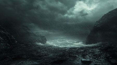 Dark stormy landscape with flowing water and rocks. 3d renderingの写真素材