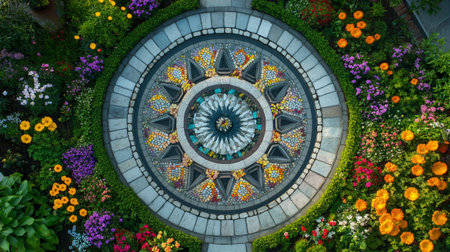Top view of ornamental garden with stone walkway and colorful flowersの写真素材