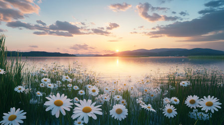 Sunset over a lake with daisies and mountains in the backgroundの写真素材