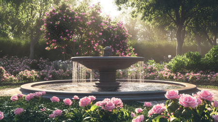 Fountain with pink roses blooming in the garden, vintage toneの写真素材