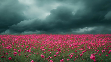 Field of poppies with stormy sky. Nature background.の写真素材