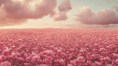 Field of pink poppies at sunset, retro toned.の写真素材