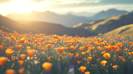 Meadow of poppies at sunset, California, USAの写真素材