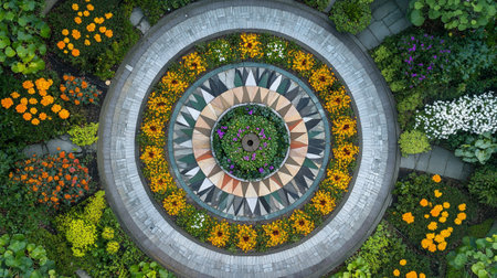 Top view of beautiful ornamental flower garden in the city park.の写真素材