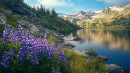 Panoramic view of mountain lake and lupine flowers in the foregroundの写真素材
