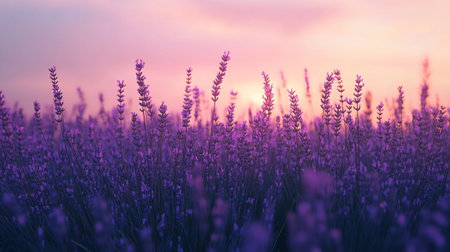 Lavender field at sunset, close-up. Nature backgroundの素材