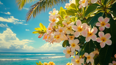 Plumeria flower on the beach with blue sky and sea backgroundの写真素材