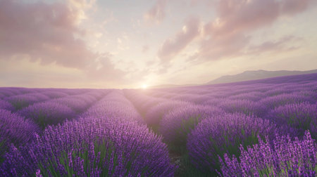 Lavender field at sunset. Nature composition. 3d renderの写真素材
