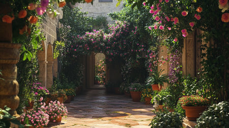 Garden with flowers and archway in the old town of Rhodes, Greeceの写真素材