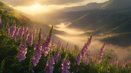 Digitalis purpurea at sunrise in the Carpathian mountainsの写真素材