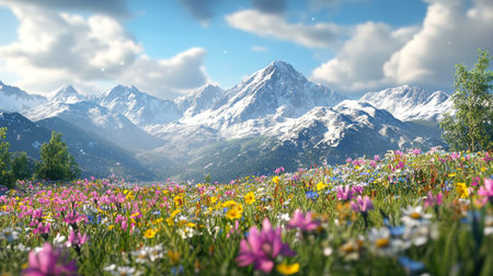 Panoramic view of alpine meadow with wildflowers and snow capped mountains in backgroundの写真素材