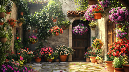 Flowers in pots on the porch of the old house. Italyの写真素材