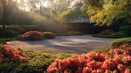Landscape view of blooming rhododendron garden at sunsetの写真素材