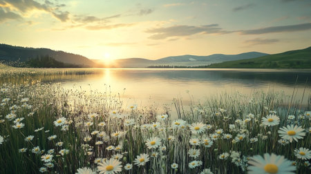 Beautiful summer landscape with camomile flowers on lake shore.の写真素材