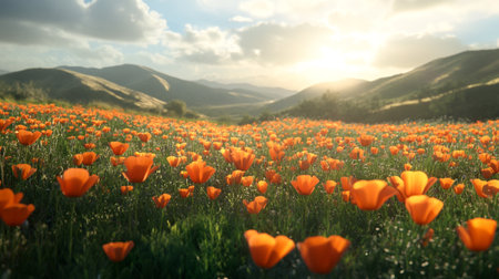 Beautiful orange poppy flowers field in the mountains at sunset. Nature background.の写真素材
