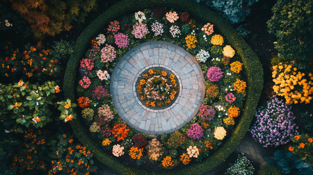 Top view of colorful flower garden with round stone walkway in top viewの写真素材