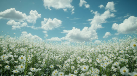 Field of daisies and blue sky with clouds - panoramaの写真素材
