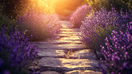Lavender flowers blooming in the lavender field at sunrise.の写真素材