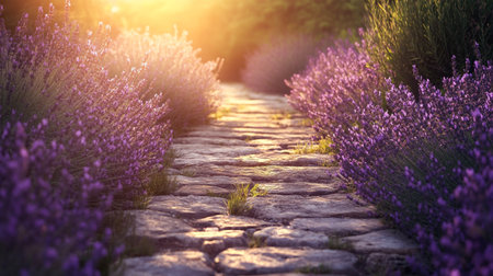 Lavender flowers blooming in the lavender field at sunsetの写真素材